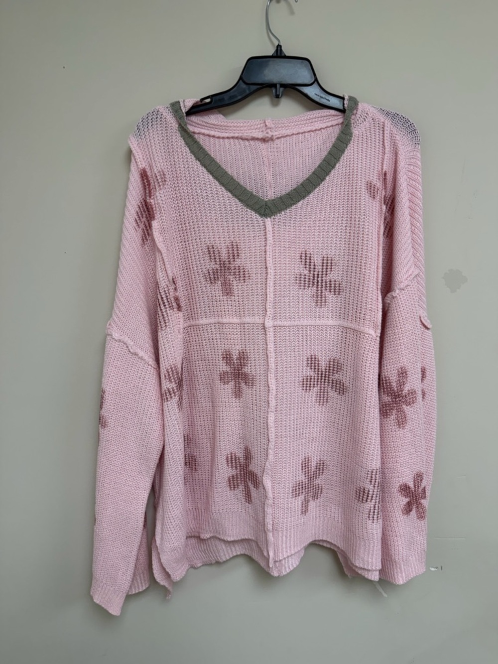 Women’s Pink Floral Knit V-Neck Sweater